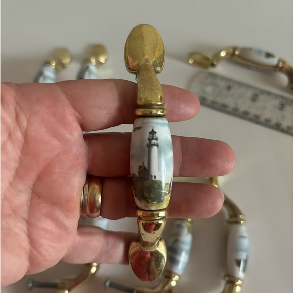 Lot Of 8 Brass Tone & Ceramic Lighthouse Drawer Door Pulls 3" Center - Picture 4 of 4